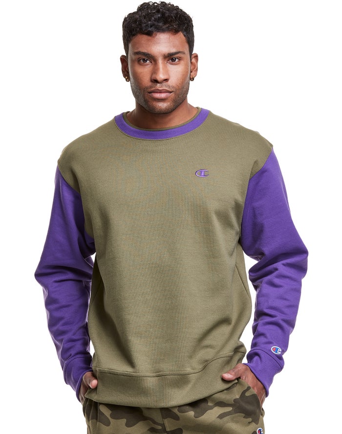 Champion Sweatshirt Heren - Olijfgroen/Paars - Powerblend Fleece Crew Double Collar Crew Embroidered